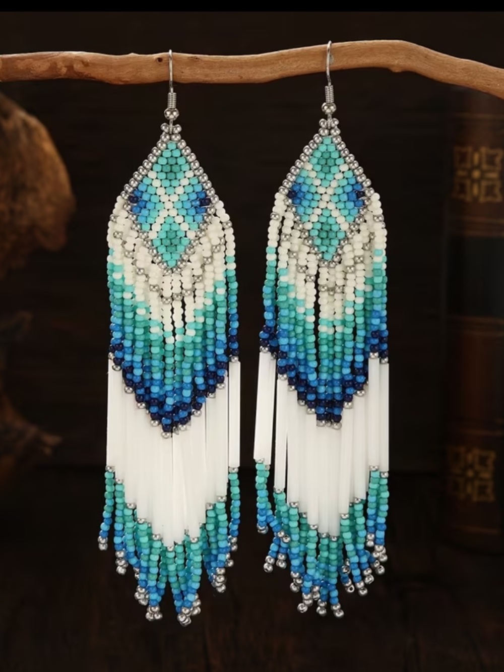 NWT boho western seed bead earrings blue and white